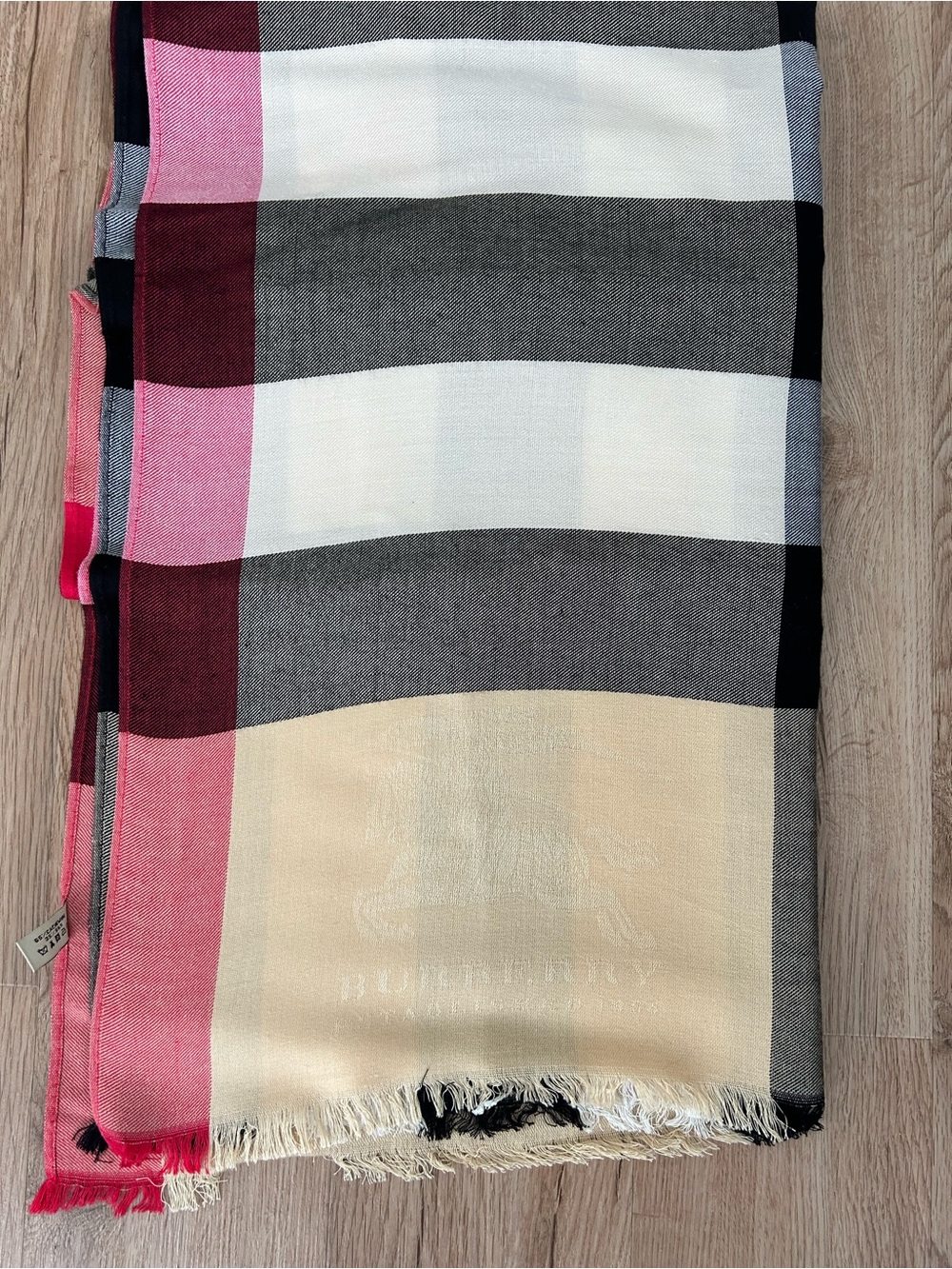 Burberry Pink, Black & Cream Check Wool-Blend Scarf